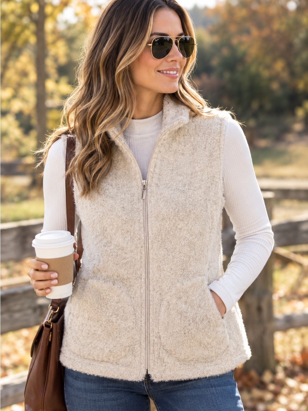 Alison Sheri Cream Fuzzy Zip Front Vest Women’s Large Cozy Soft